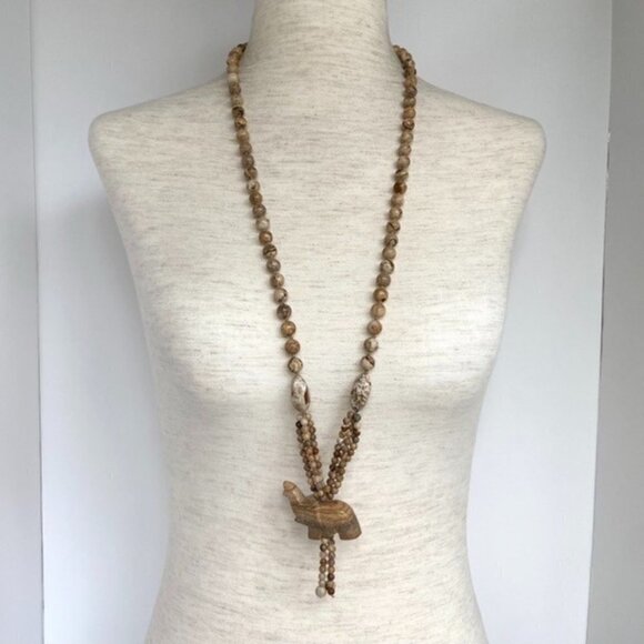 Beaded Long Hand Knotted Landscape Jasper Elephant Tassel Necklace 33" Infinity - Picture 1 of 16